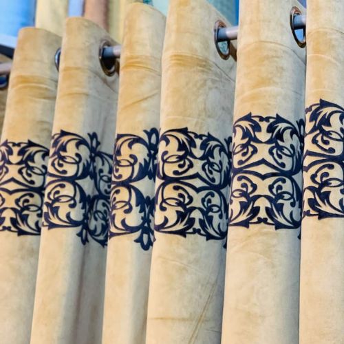 VELVET CURTAINS (PAIR) WITH DOUBLE TOP BORDER CUTWORK BROWN ON GOLDEN WITH 2 TIE BELTS