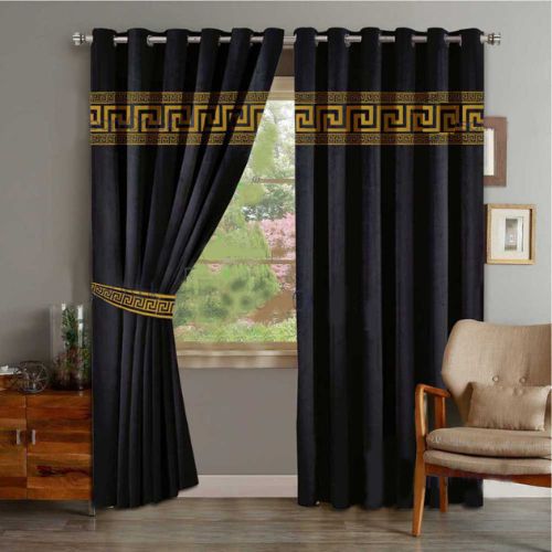 VELVET CURTAINS TOP LASER CUT BORDER GOLDEN ON BLACK WITH 2 TIE BELTS