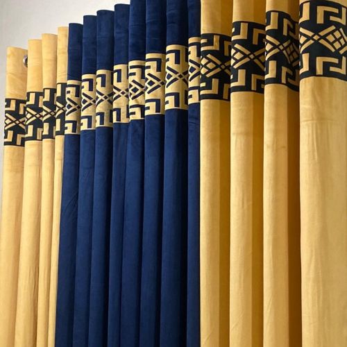 VELVET CURTAINS 4 PCS (2 BLUE & 2 MUSTARD) WITH TOP BORDER CUTWORK MUSTARD & BLUE WITH 2 TIE BELTS)