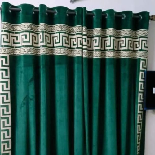 VELVET CURTAINS 3 SIDED LASER CUT WORK OFF WHITE ON BOTTLE GREEN WITH 2 TIE BELTS