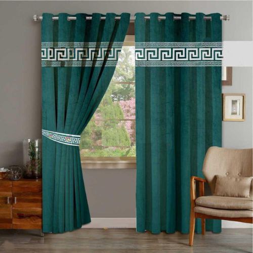 VELVET CURTAINS TOP LASER CUT BORDER OFF WHITE ON GREEN WITH 2 TIE BELTS