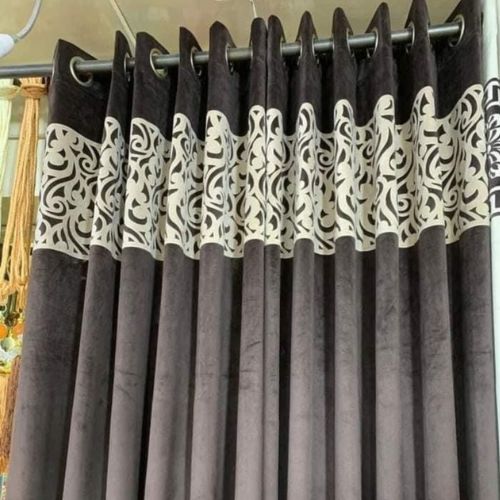 VELVET CURTAINS (PAIR) WITH DOUBLE TOP BORDER CUTWORK OFF WHITE ON WENGE BROWN WITH 2 TIE BELTS)