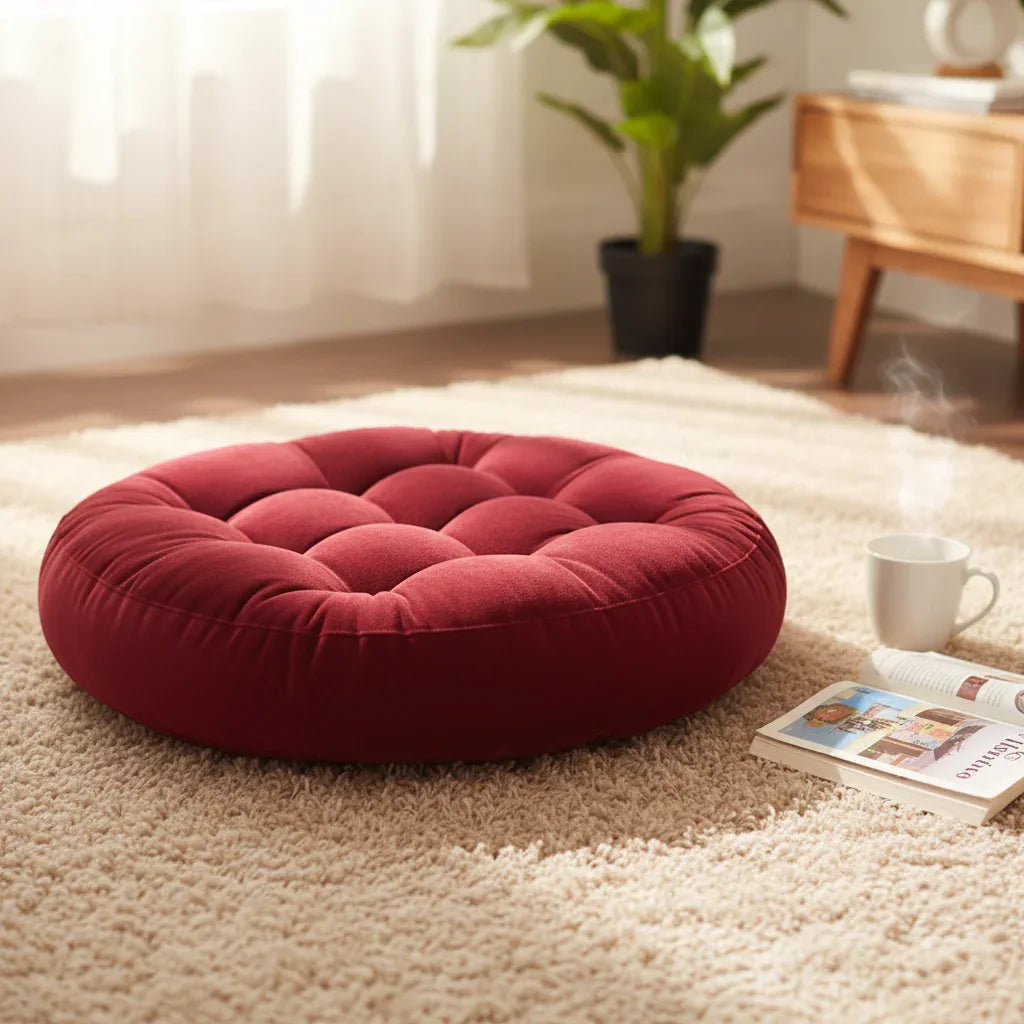 Round Shape Floor Cushion / Soft Meditation Cushion For Casual Seating In Maroon Color - My Royal Choice